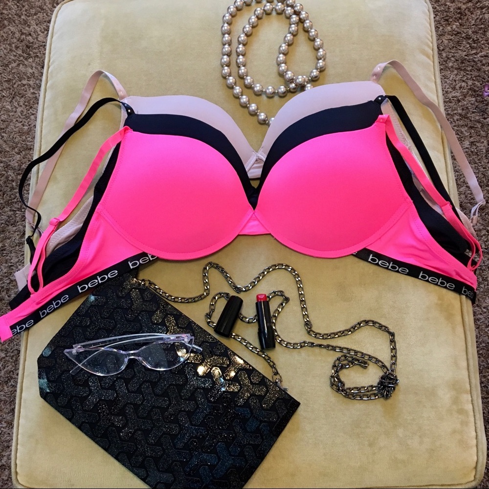 NWOT Bebe 38C Padded Bra Bundle: Nude/Blk/Hot Pink
